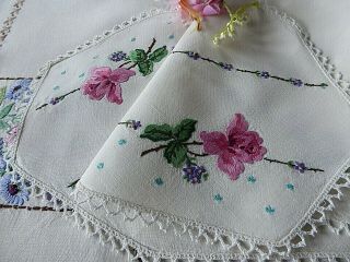 Vintage Hand Embroidered Table Runner - Delicate Roses