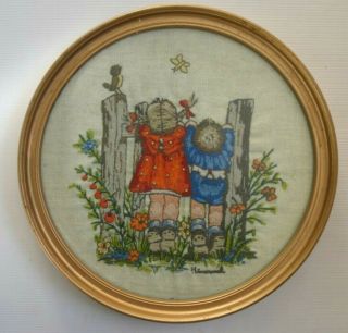 Vintage,  Embroidered,  Round Panel Picture Frame Children Garden Flower Signed