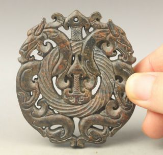 China Old Natural Jade Hand - Carved Double Dragon Pendant