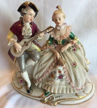 Vtg.  Dresden Germany Lg.  Porcelain Lace Figurine Courting Couple Playing Guitar