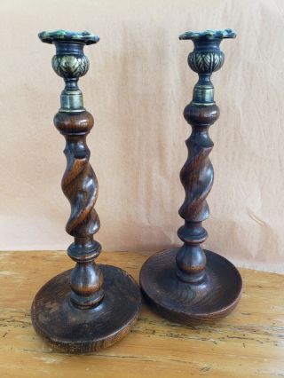 Pair Antique English Oak Barley Twist Candlesticks Candle Holder Brass Thistle