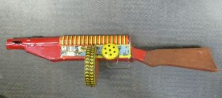 Vintage Marx Tin Litho Wind Up Siren Sparkling Machine Gun Toy