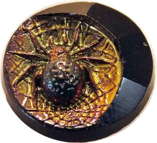 Antique Black Glass Button Carnival Luster Spider In Crescent Moon