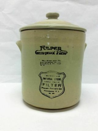 Antique Fulper Pottery Stoneware Crock W/ Lid Germ Proof Filter Cobalt Cracked