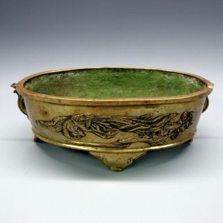 Antique Chinese Bronze Footed Planter Or Center Bowl With Dragon And Phoenix