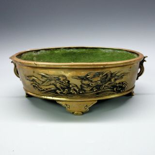 Antique Chinese bronze footed planter or center bowl with Dragon and Phoenix 3