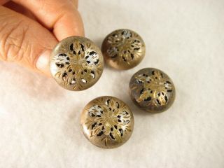 Antique Victorian Set Of 4 Pierced & Carved 7/8 " Brass Cricket Cage Type Buttons