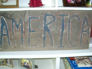 Old Primitive Folk Art America Sign Painted On Wood Board