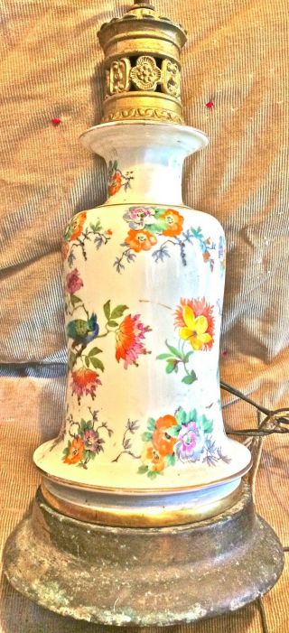 Antique French Porcelain Lamp Vase Form Hand Painted Flowers Peacocks Table