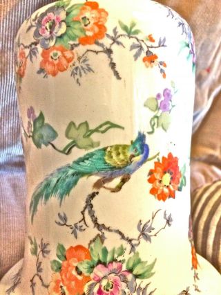 Antique French Porcelain Lamp Vase Form Hand Painted Flowers Peacocks Table 2