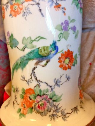 Antique French Porcelain Lamp Vase Form Hand Painted Flowers Peacocks Table 6
