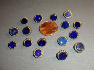 Antique Waistcoat Buttons Blue Glass In Brass Settings