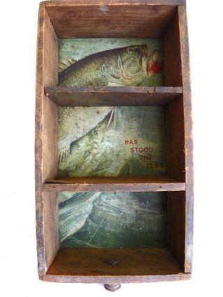 Vintage Antique Folkart Folk Art Wood Drawer W/ Fish Lure Metal Sign As Bottom