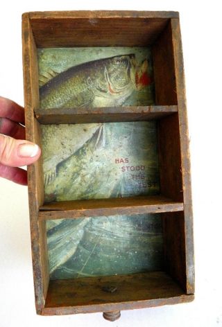 VINTAGE ANTIQUE FOLKART FOLK ART WOOD DRAWER W/ FISH LURE METAL SIGN AS BOTTOM 2