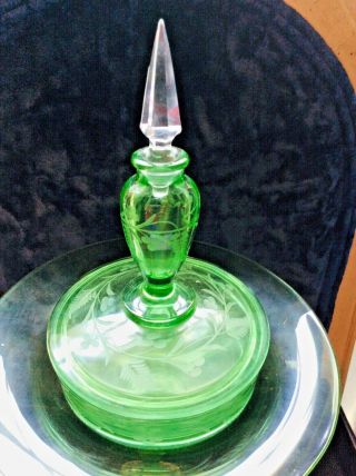 1930’s - 40’s Fostoria Green Glass Vaseline? Glass Perfume Bottle Powder Combo