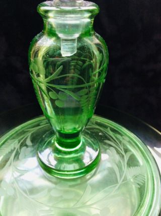 1930’s - 40’s Fostoria Green Glass Vaseline? Glass Perfume Bottle Powder Combo 2