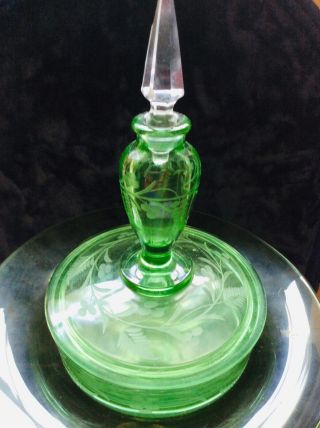 1930’s - 40’s Fostoria Green Glass Vaseline? Glass Perfume Bottle Powder Combo 3