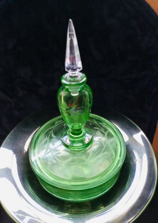 1930’s - 40’s Fostoria Green Glass Vaseline? Glass Perfume Bottle Powder Combo 6