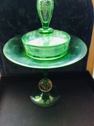 1930’s - 40’s Fostoria Green Glass Vaseline? Glass Perfume Bottle Powder Combo 7
