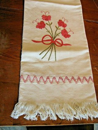 Antique Linen Bath Towel Satin Stitch Embroidered Floral W/ Ornate Drawnwork