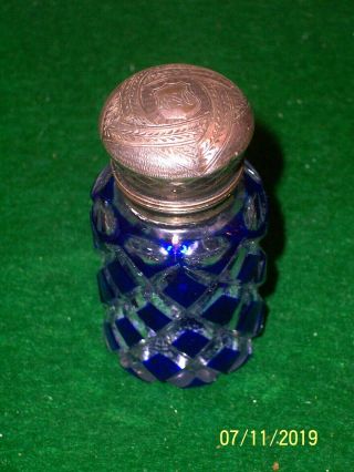 Antique Perfume Scent Bottle Cobalt Cut To Clear Overlay With Silver Plate Cap