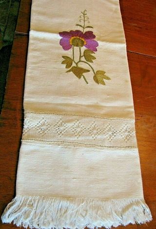 Antique Linen Bath Towel Satin Stitch Embroidered Floral W/ Crochet Insert Band