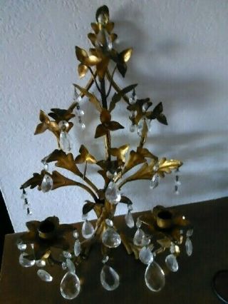 Vintage French/ Italian Gold Gilt Wall 2 Candle Holder Sconce With Crystals