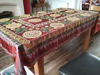 Vintage Embroidered Silk / Satin Tablecloth Or Throw 230x140cm