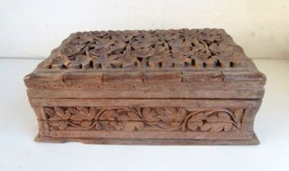 Antique Old Collectible Hand Engraved Flower Design Wooden Jewelry Box