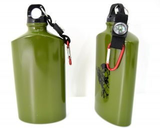 Army Style 500ml Slim Aluminium Water Bottle Flask With Carabiner Clip & Compass