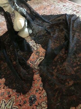 97 " Large Antique Victorian Handmade Bow Chantilly Mantilla Mourning Shawl Veil