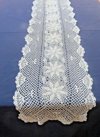 Vintage Cotton Crochet Lace Table Runner Dresser Scarf 14x74 " Rectangle