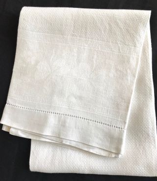 Antique Linen Damask Huckaback Towel,  Drawn - Thread Hems,  White,  108 X 64 Cm