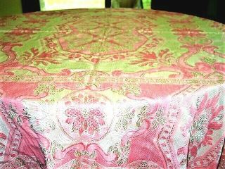 Vtg.  Brocade,  Tapestryhd.  Knotdfringed Italy Bedspread,  Pink&whiterayon,  81x90 " 1940 