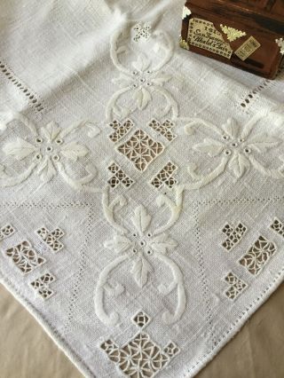 Antique Vintage 100 Linen Tablecloth Hand Made Lace White Embroidery 34in