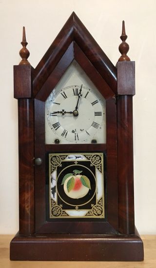Antique 19th C.  Jerome Steeple Clock W/original Reverse - Painted Tablet; Running