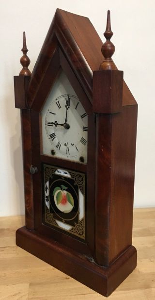Antique 19th c.  Jerome steeple clock w/original reverse - painted tablet; running 2