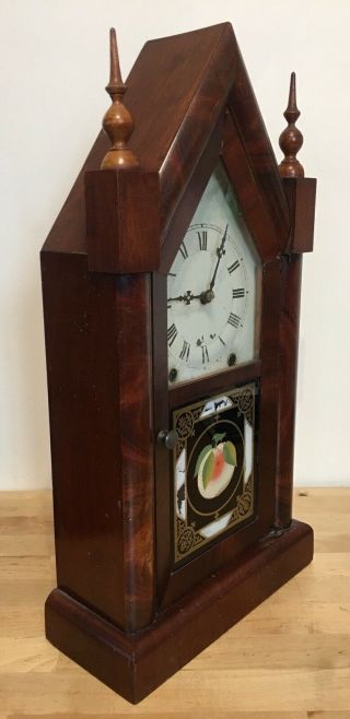 Antique 19th c.  Jerome steeple clock w/original reverse - painted tablet; running 3