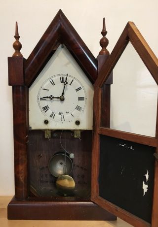 Antique 19th c.  Jerome steeple clock w/original reverse - painted tablet; running 4