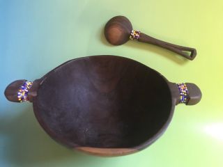 Carved Primitive Wood Wooden Bowl And Spoon With Beads Nut,  Candy