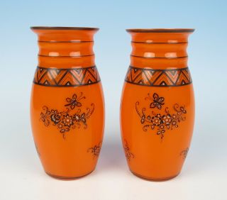Pair Czech Art Deco Tango Glass Vases Enamel Butterflies Orange Czechoslovakia