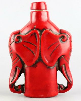 Collect Antique Red Coral Hand Carve Two Elephant Moral Auspicious Snuff Bottle