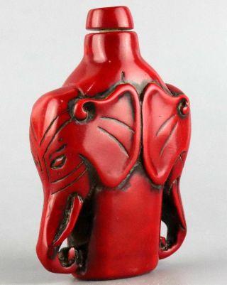 Collect Antique Red Coral Hand Carve Two Elephant Moral Auspicious Snuff Bottle 2
