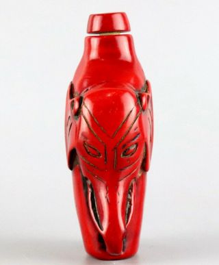 Collect Antique Red Coral Hand Carve Two Elephant Moral Auspicious Snuff Bottle 3