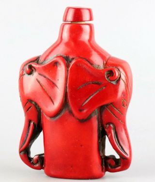 Collect Antique Red Coral Hand Carve Two Elephant Moral Auspicious Snuff Bottle 4