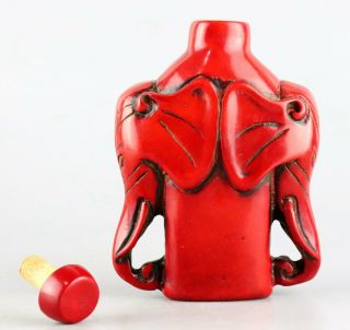 Collect Antique Red Coral Hand Carve Two Elephant Moral Auspicious Snuff Bottle 5