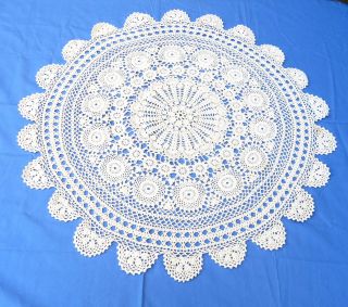 Vintage Crochet Lace Tablecloth Beige Cotton 30 " Round