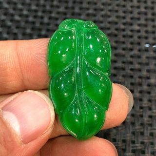 Rare Collectible Chinese Green Jadeite Jade Carved Lucky Leaf Handwork Pendant