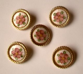 Antique Vtg Guilloche Enamel Buttons Gold Plate Setting - Set Of 5 Pink Flower