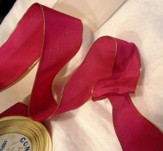 Vintage 10 Yd Bolt 1 - 1/2 " French Wired Ribbon - Gold Border - Solid Magenta